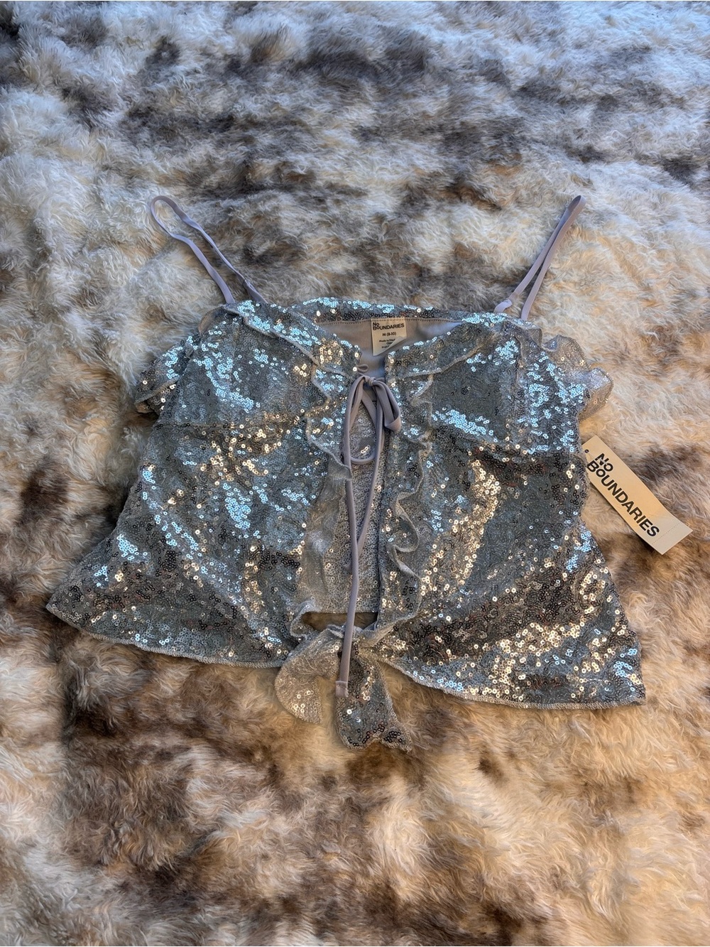 No Boundaries Silver Sequin Cami with Tie Front